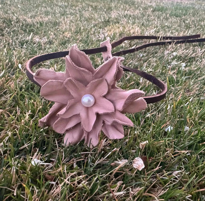 Leather Flower Hair Bow + Headband w/ Natural Freshwater Pearl | Cowgirl Hat Band | Emma | Westside Cowgirl