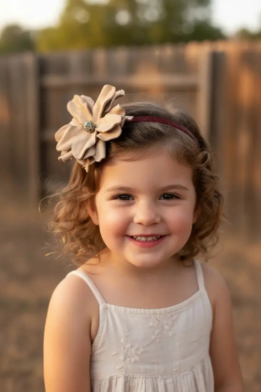 Little girl wearing a leather flower hair bow + headband w/ a Dalmatian stone.