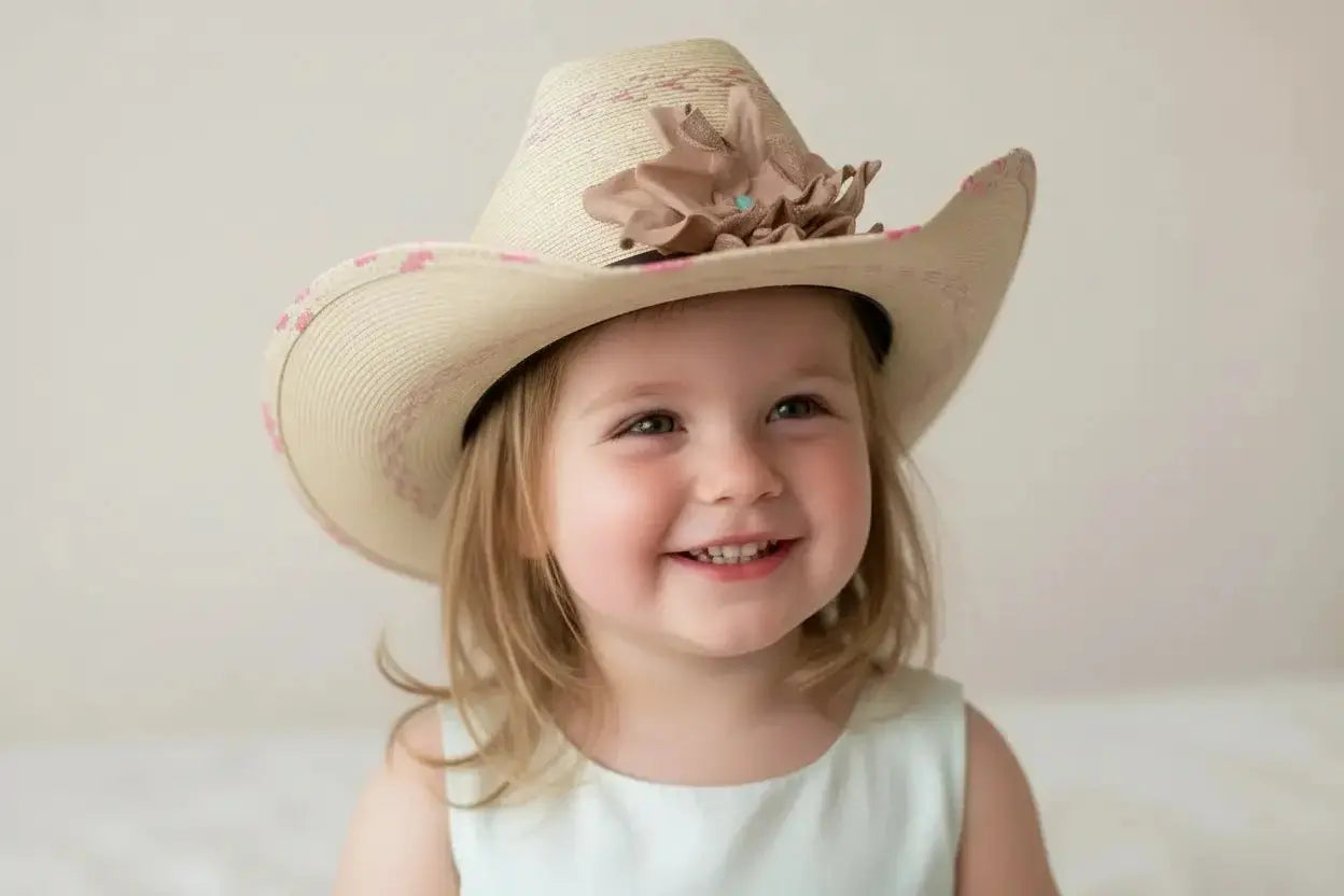 Little girl wearing child's cowgirl hat with leather flower and Kingman Turquoise stone hat band on it - Westside Cowgirl
