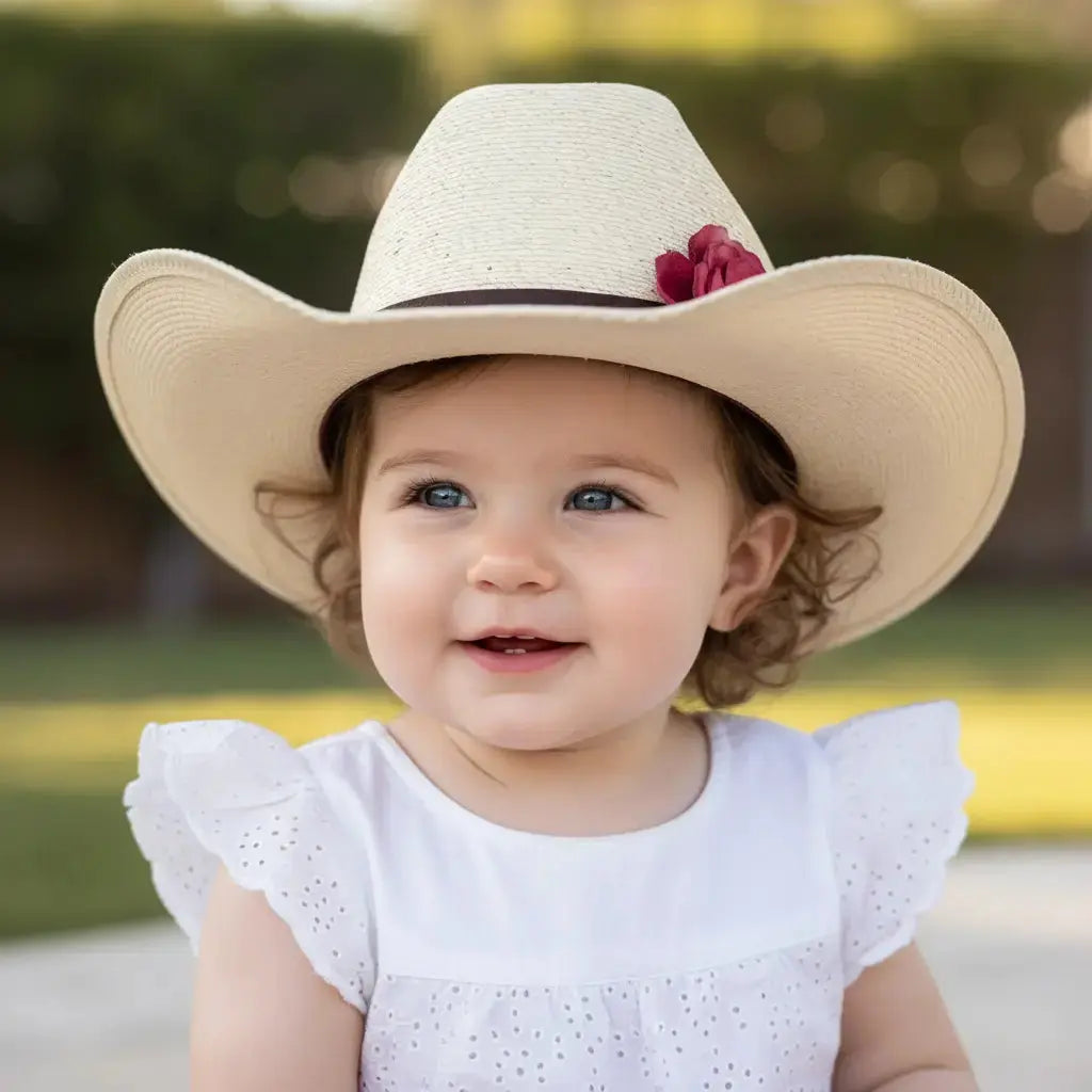 Little girl wearing cowgirl hat with a red leather flower hat band on it.