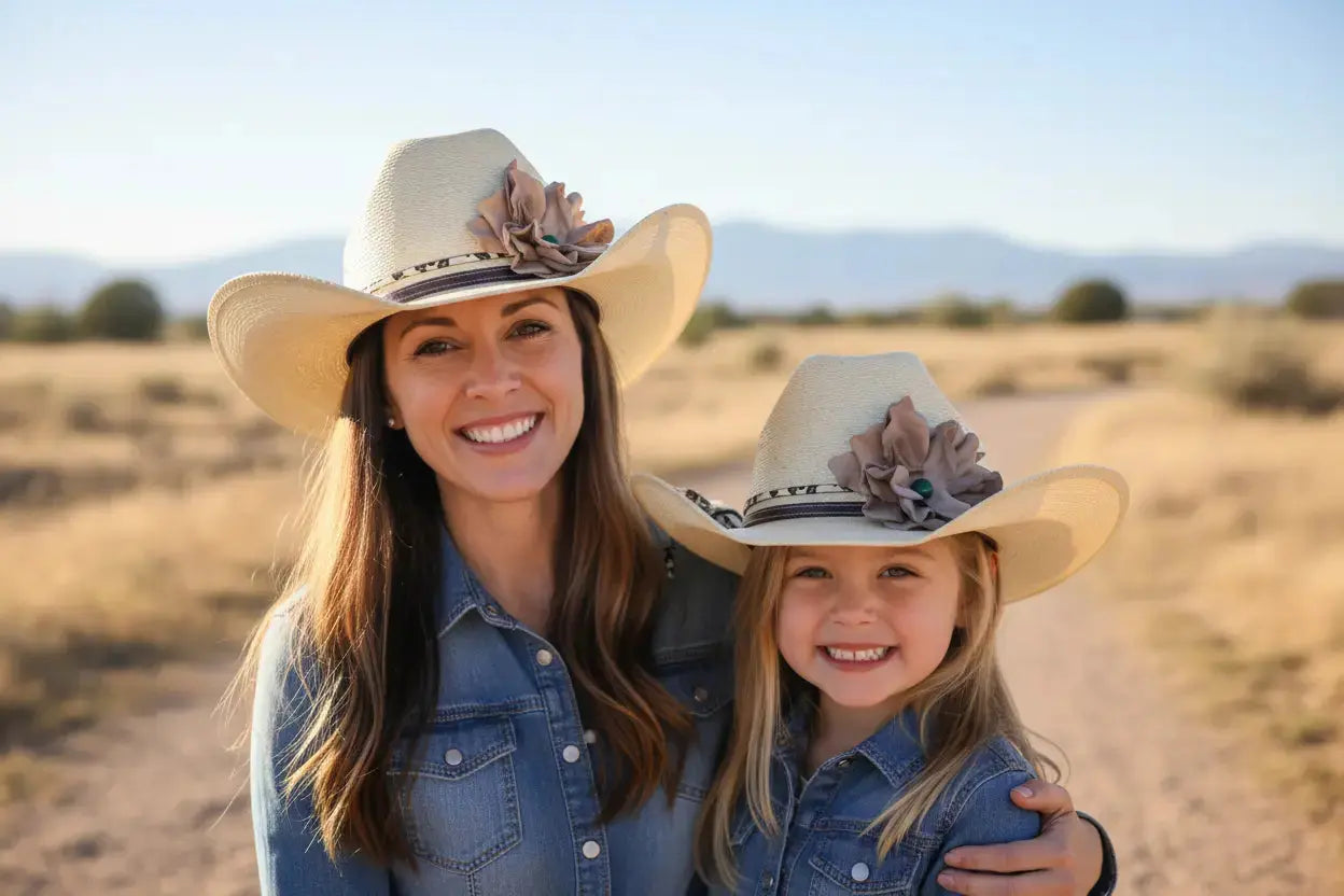 Mom and daughter wearing Mommy and Me Cowgirl Hats with a beautiful matching leather flower leopard lace hat band.