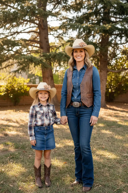 Mom and daughter wearing Mommy and Me Cowgirl Hats with a beautiful matching leather flower leopard lace hat band. They are standing outside near trees.