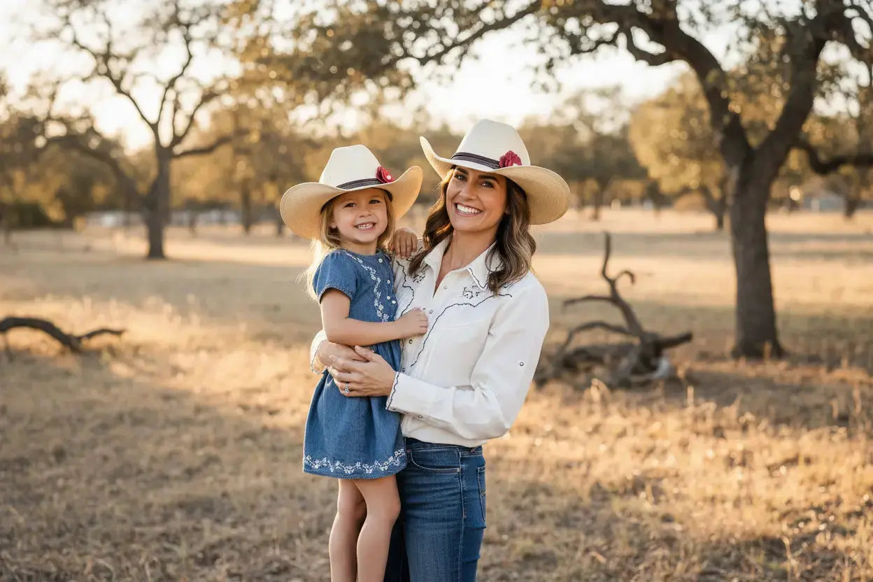Mom and daughter wearing Mommy and Me matching cowgirl hats w/ a red leather flower and natural freshwater pearl hat band.