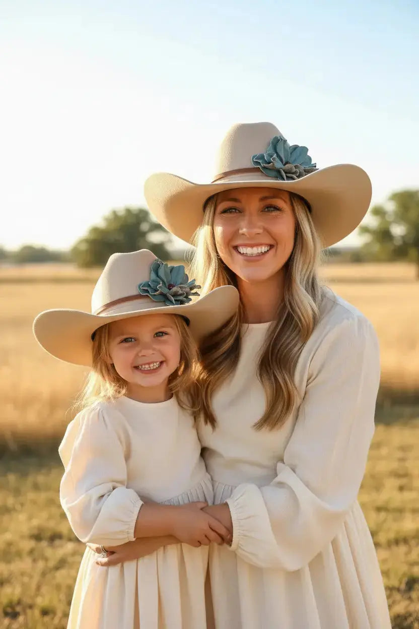 Mom and daughter wearing Mommy and Me matching cowgirl hats w/ a turquoise leather flower and red agate stone hat band