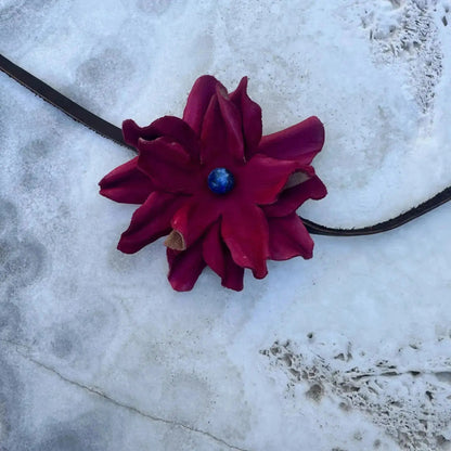 Red Leather Flower Hair Bow + Headband w/ Blue Lapis Stone | Cowgirl Hat Band | Aurora | Westside Cowgirl