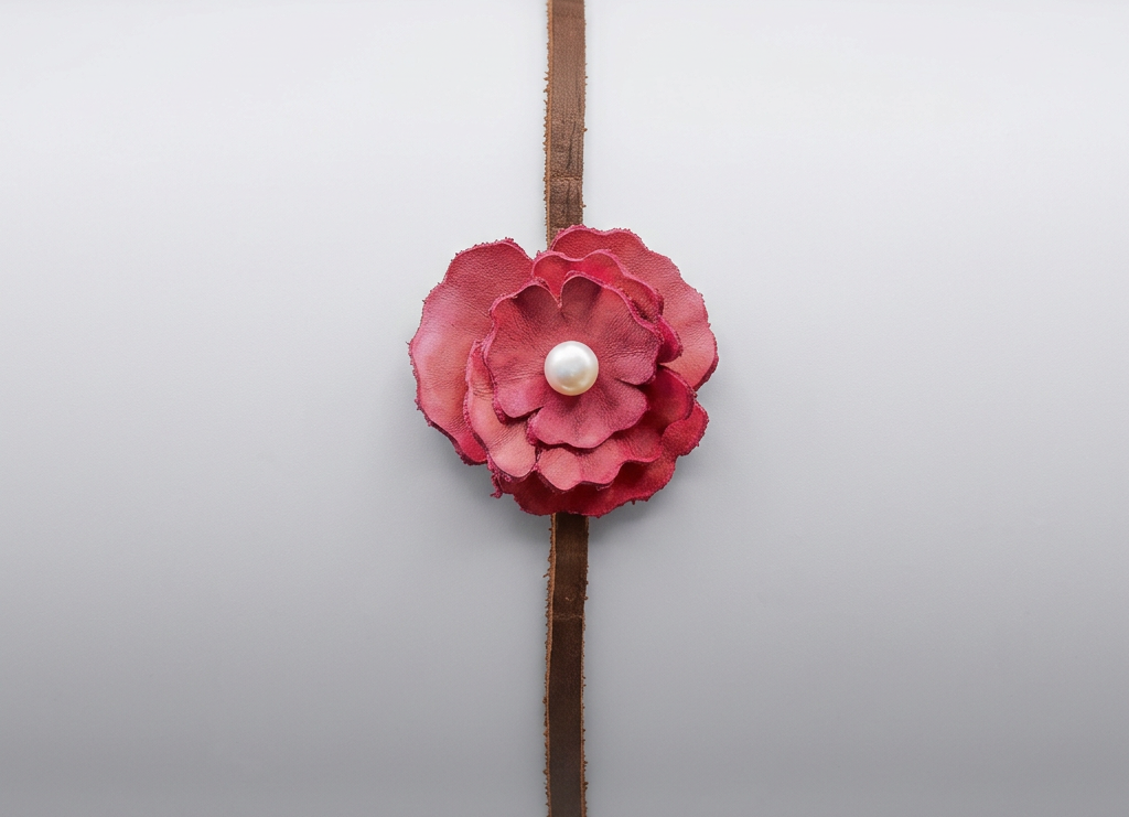 Red Leather Flower w/ Natural Freshwater Pearl Hair Bow + Headband | Cowgirl Hat Band | Olive | Westside 