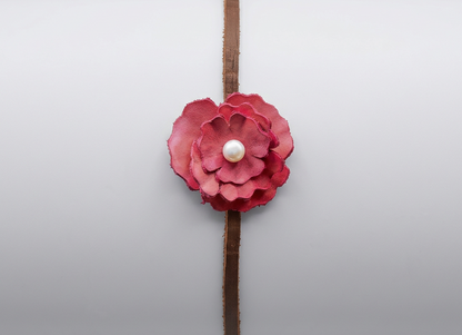 Red Leather Flower w/ Natural Freshwater Pearl Hair Bow + Headband | Cowgirl Hat Band | Olive | Westside 