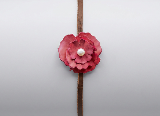 Red Leather Flower w/ Natural Freshwater Pearl Hair Bow + Headband | Cowgirl Hat Band | Olive | Westside 