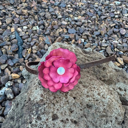 Red Leather Flower w/ Natural Freshwater Pearl Hair Bow + Headband | Cowgirl Hat Band | Olive | Westside Cowgirl