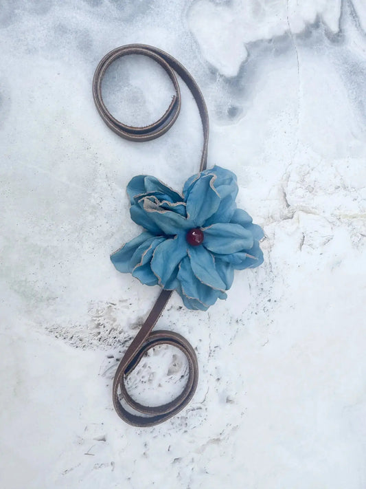 Turquoise Leather Flower Hair Bow + Headband w/ Red Agate Stone | Cowgirl Hat Band | Amber | Westside Cowgirl