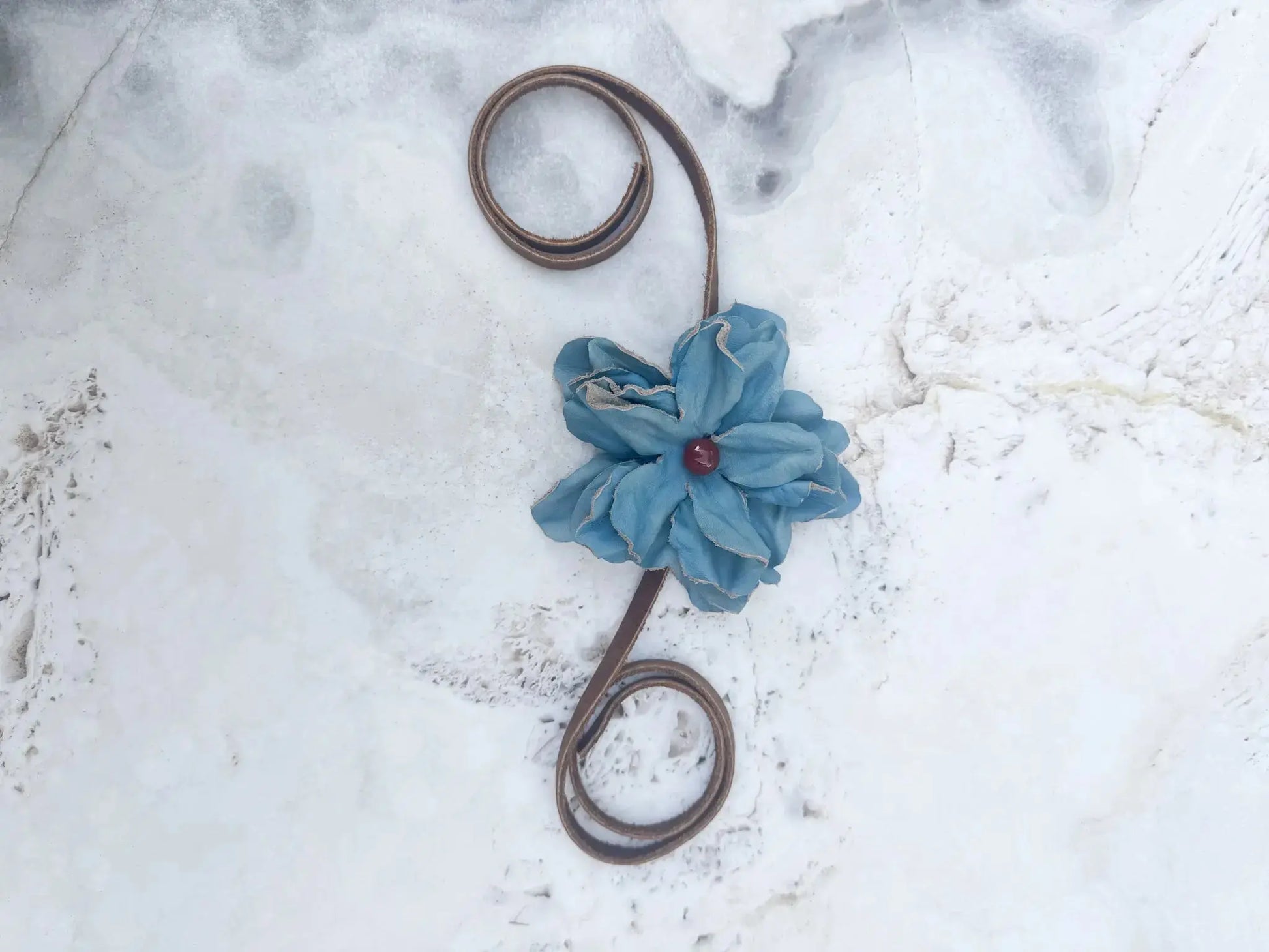 Turquoise Leather Flower Hair Bow + Headband w/ Red Agate Stone | Cowgirl Hat Band | Amber | Westside Cowgirl