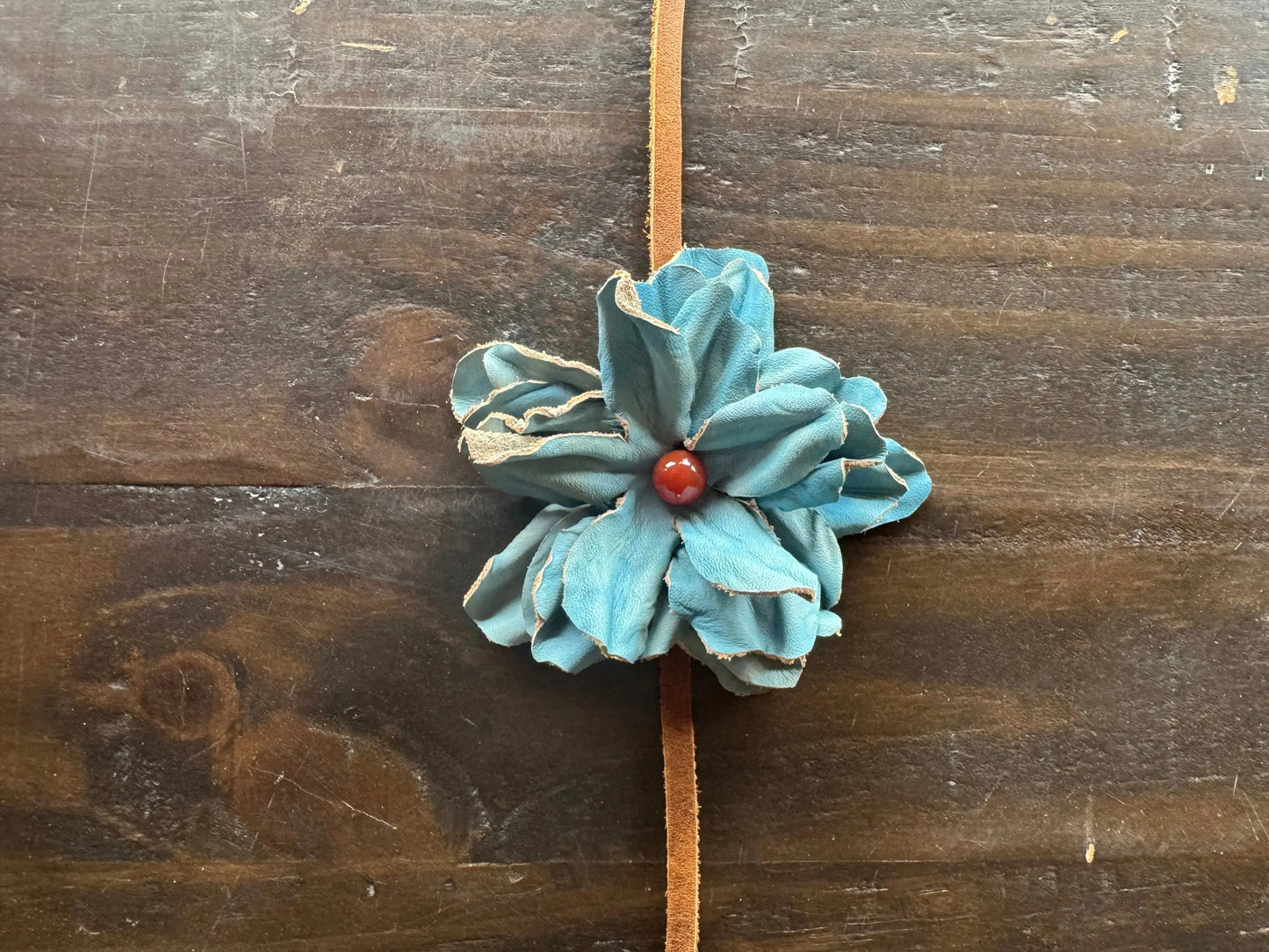 Turquoise Leather Flower Hair Bow + Headband w/ Red Agate Stone | Cowgirl Hat Band | Amber | Westside Cowgirl