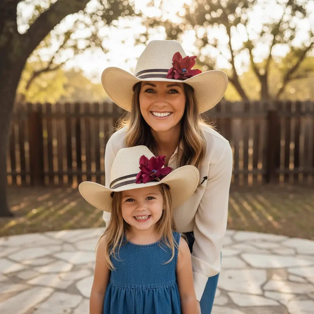 Mom and daughter wearing matching cowgirl hats w/ a red leather flower and blue lapis stone