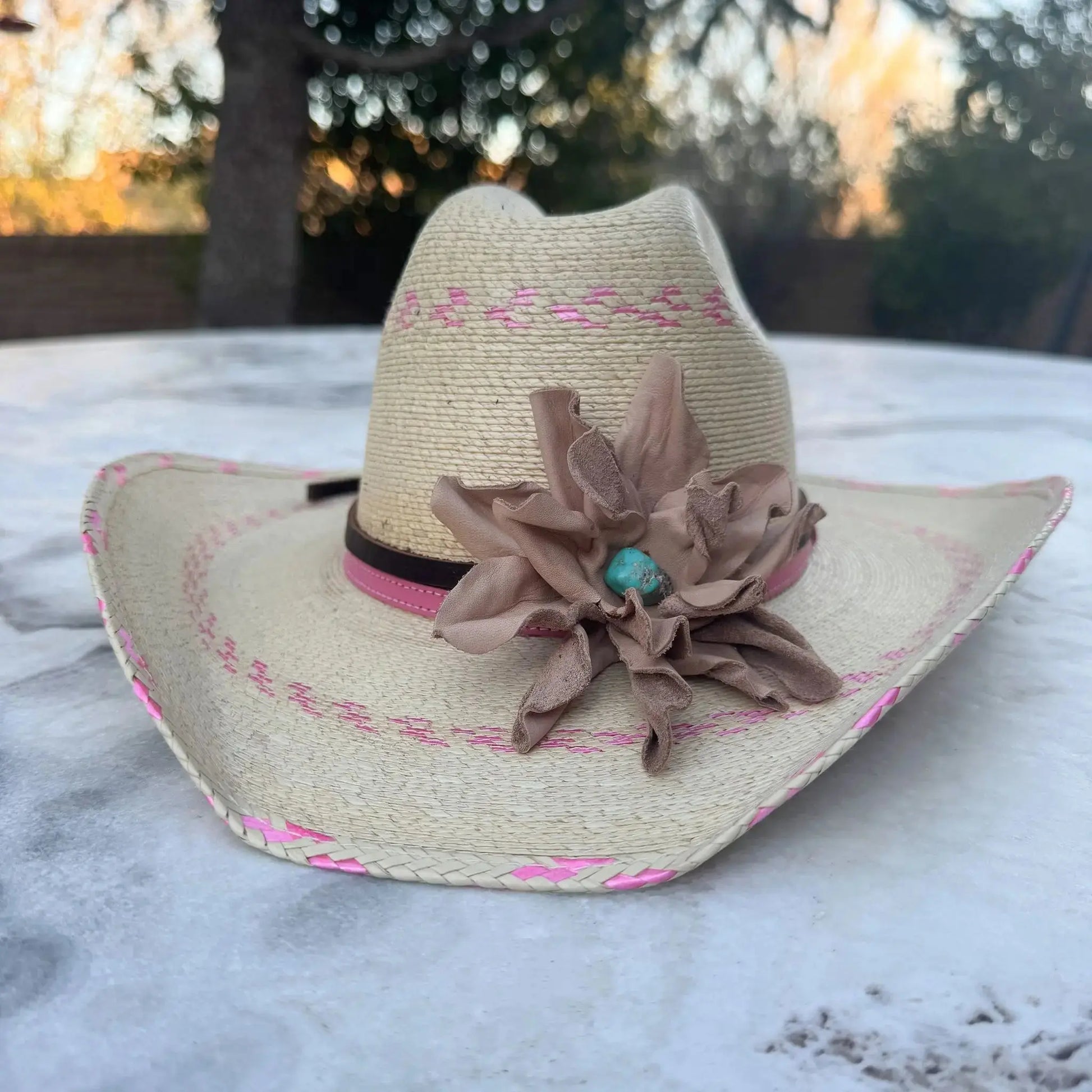 Ava | Leather Flower w/ Kingman Turquoise Cowgirl Hat - Westside Cowgirl