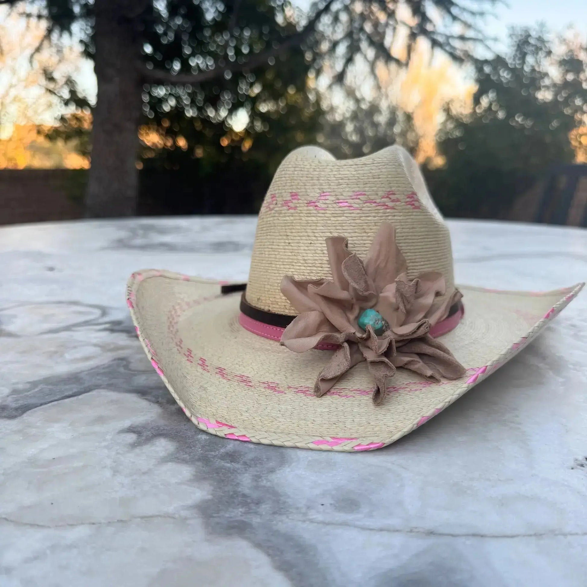 Ava | Leather Flower w/ Kingman Turquoise on Cowgirl Hat - Westside Cowgirl