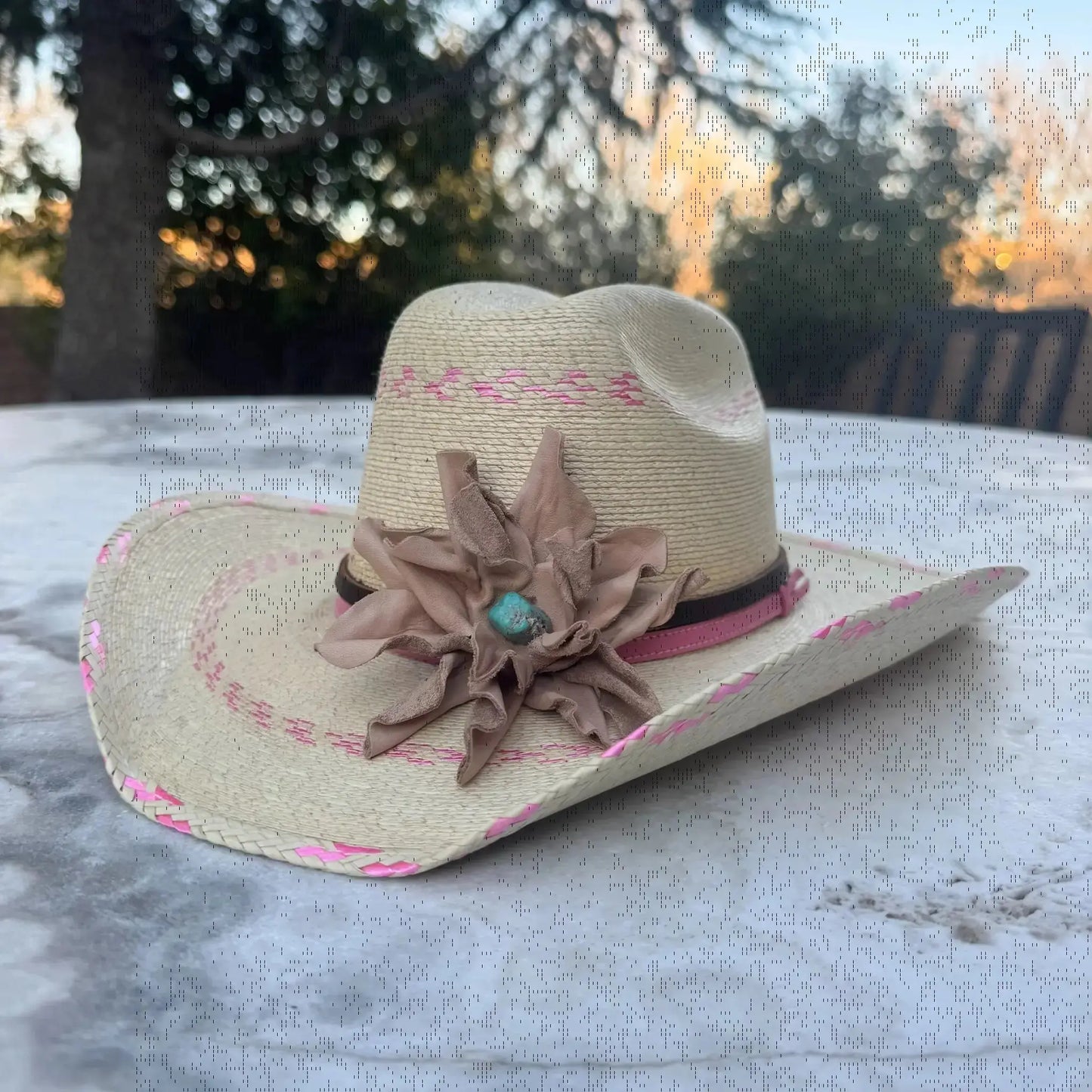 Ava | Leather Flower w/ Kingman Turquoise on Cowgirl Hat - Westside Cowgirl