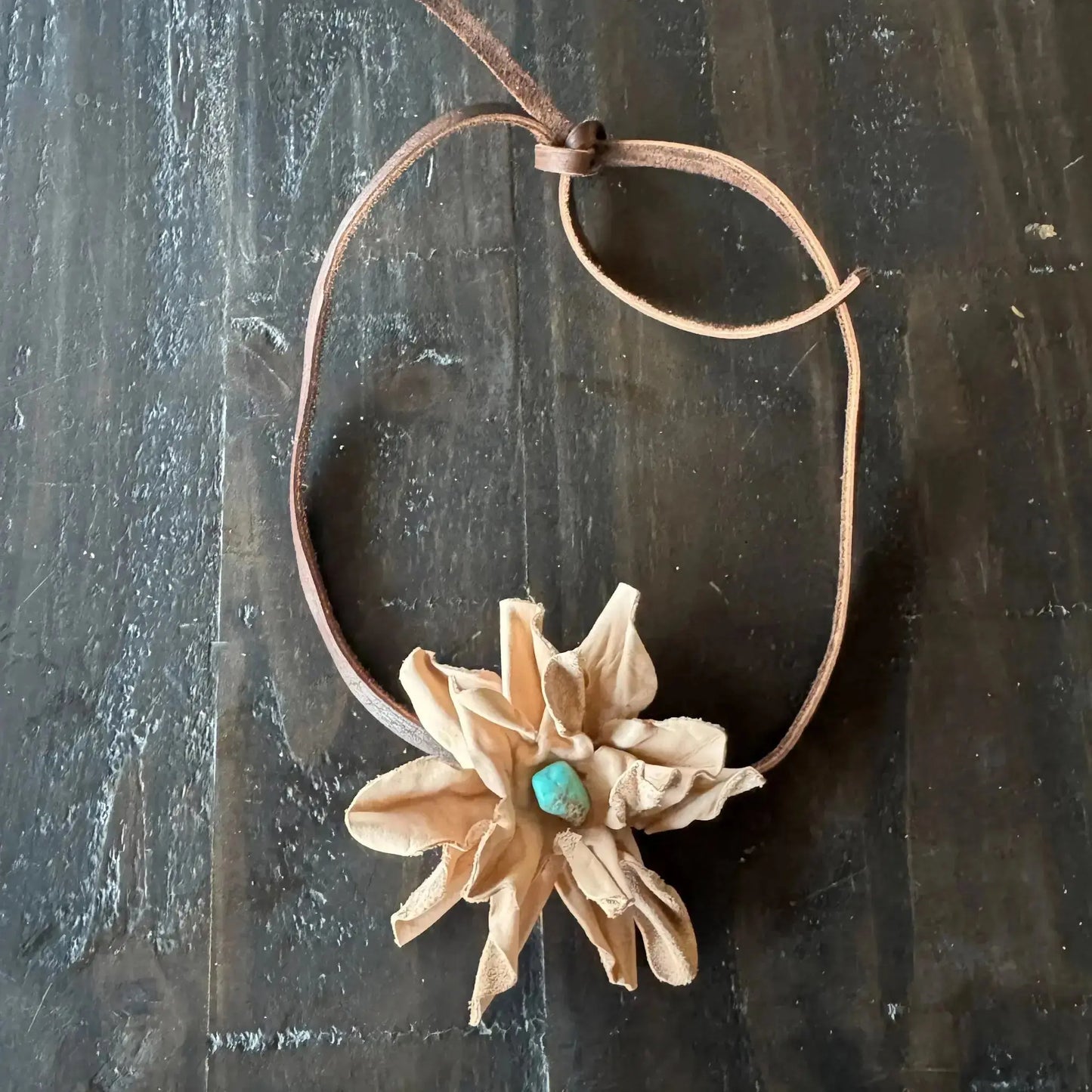 Ava | Leather Flower w/ Kingman Turquoise | Hair Bow + Headband - Westside Cowgirl