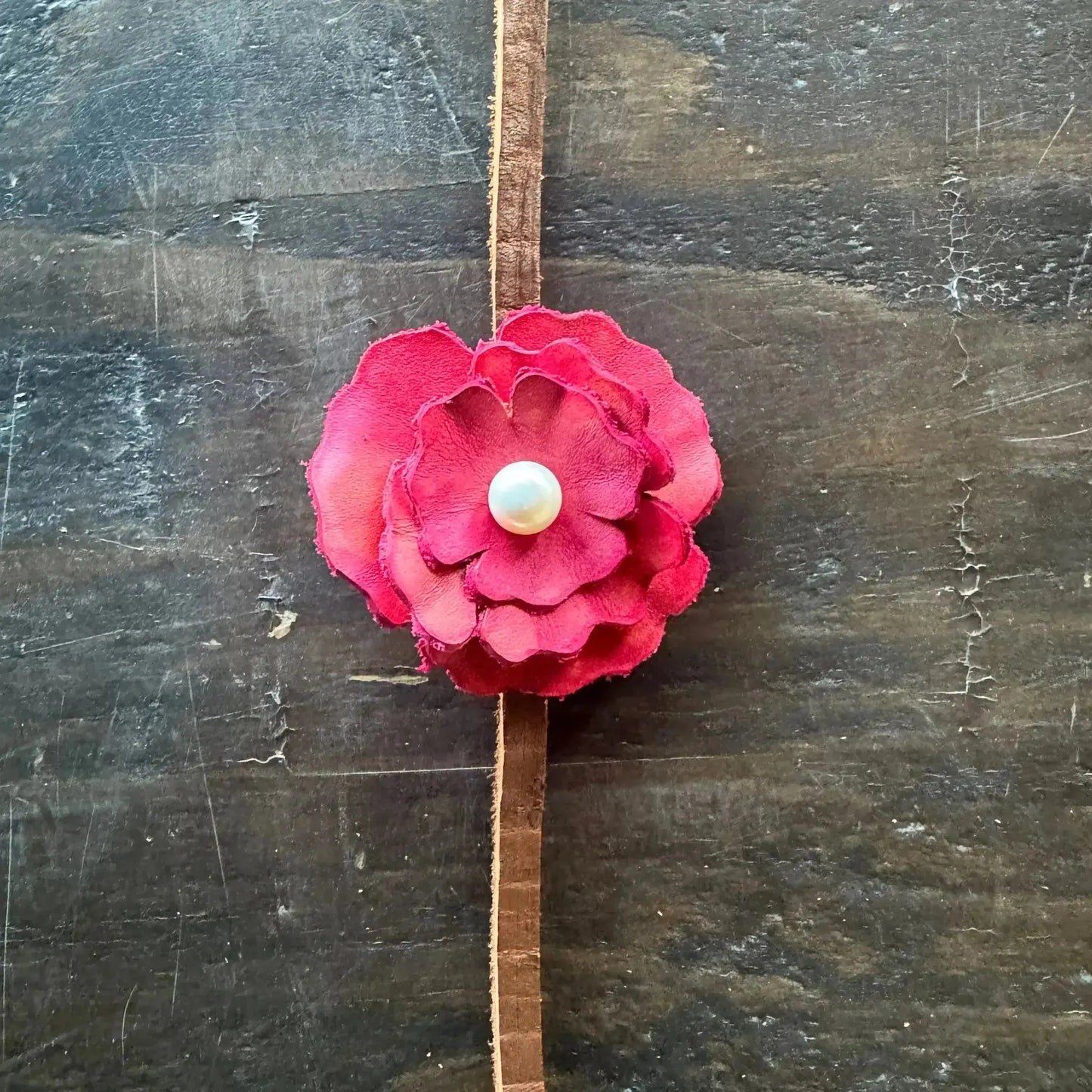 Olive | Red Leather Flower w/ Freshwater Pearl | Hair Bow + Headband - Westside Cowgirl