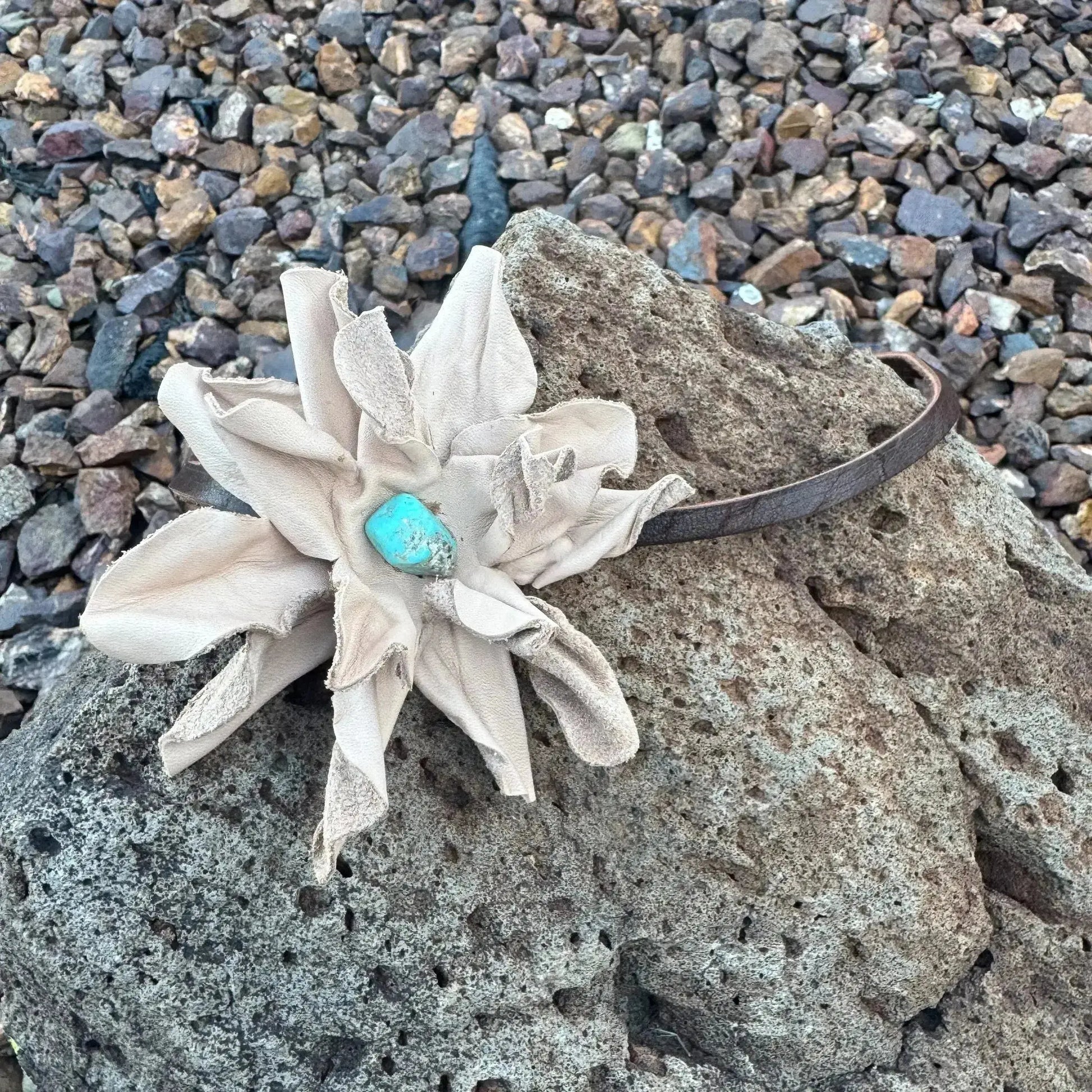 Ava | Leather Flower w/ Kingman Turquoise | Hair Bow + Headband - Westside Cowgirl