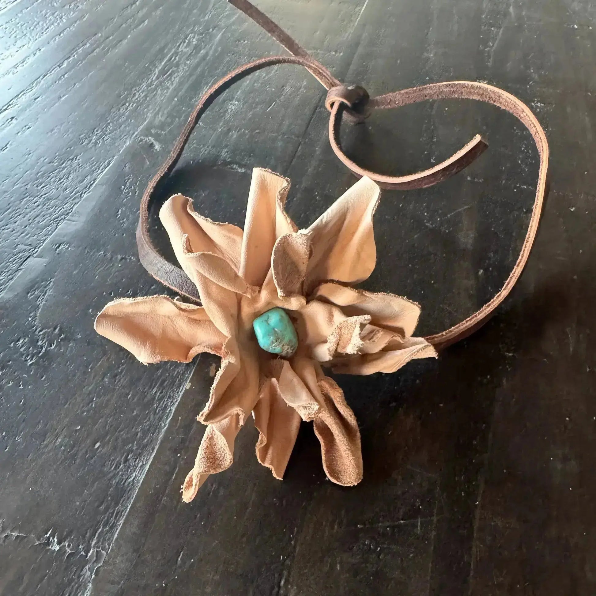 Ava | Leather Flower w/ Kingman Turquoise | Hair Bow + Headband - Westside Cowgirl