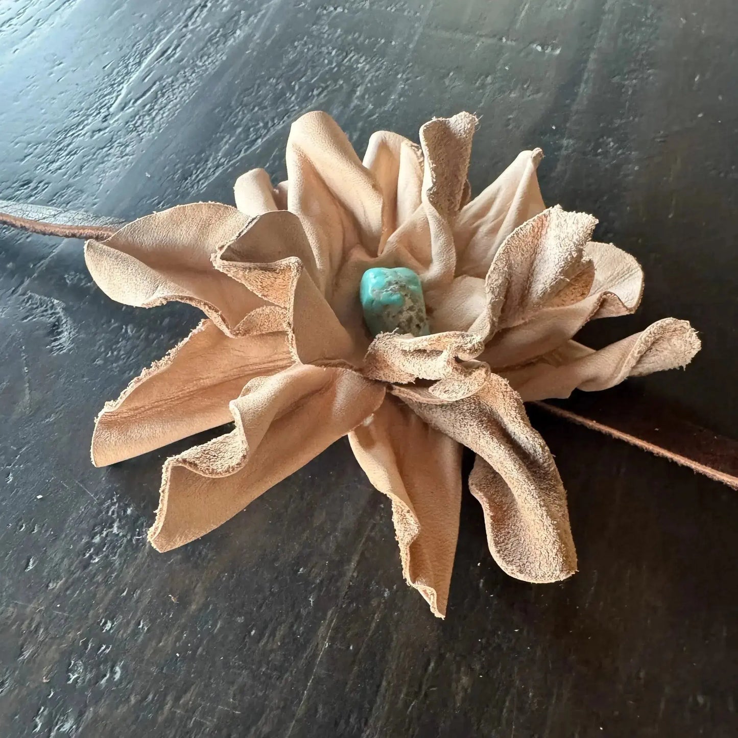 Ava | Leather Flower w/ Kingman Turquoise | Hair Bow + Headband - Westside Cowgirl