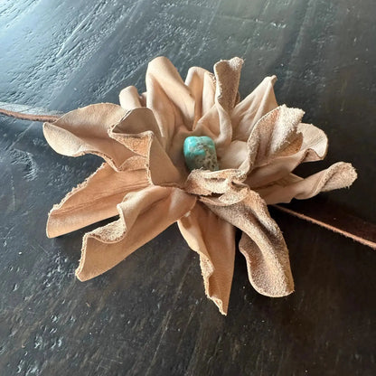 Ava | Leather Flower w/ Kingman Turquoise | Hair Bow + Headband - Westside Cowgirl