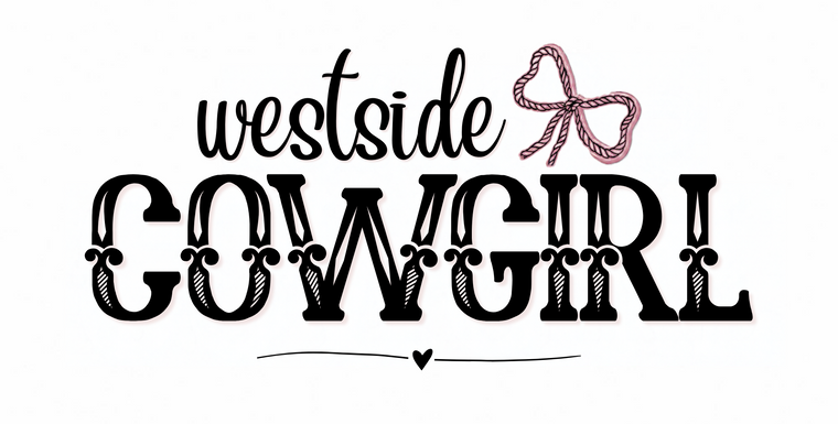 Westside Cowgirl Logo. The graphic reads 'Westside Cowgirl' in black lettering on a white background, with a small pink bow illustration above the word 'Cowgirl'.