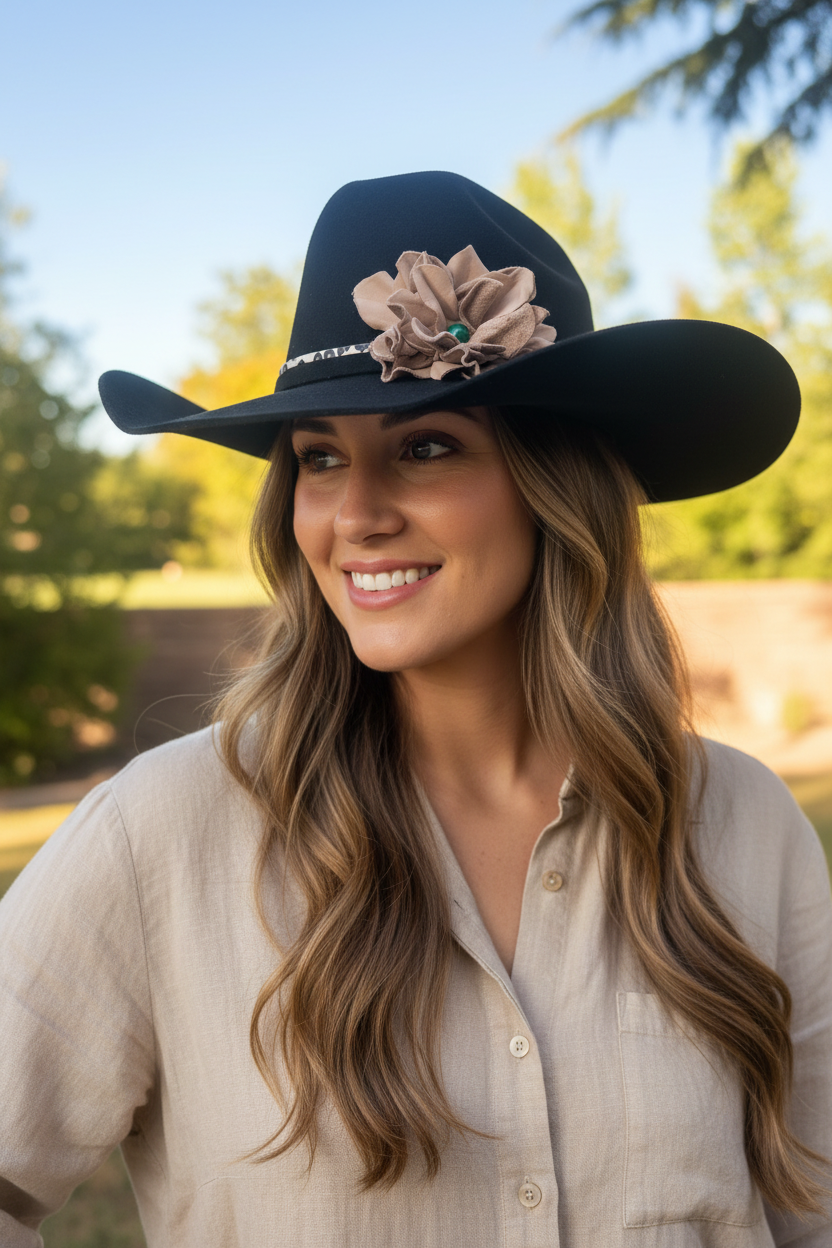 Woman wearing a black cowgirl hat w/ a leather flower & green agate stone hat band. There are trees in the background.