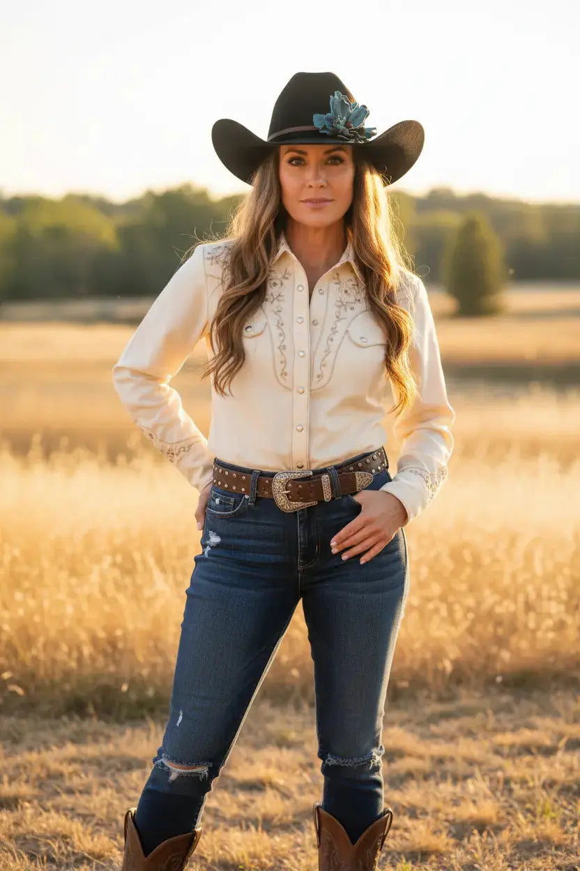 Woman wearing a black cowgirl hat w/ a turquoise leather flower & red agate stone hat band. She is standing in a field with trees in the background.