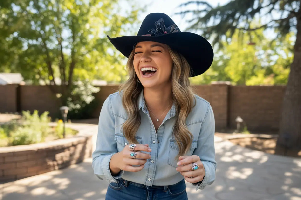 Woman wearing a black cowgirl hat with a black leather flower hat band  and denim shirt outdoors