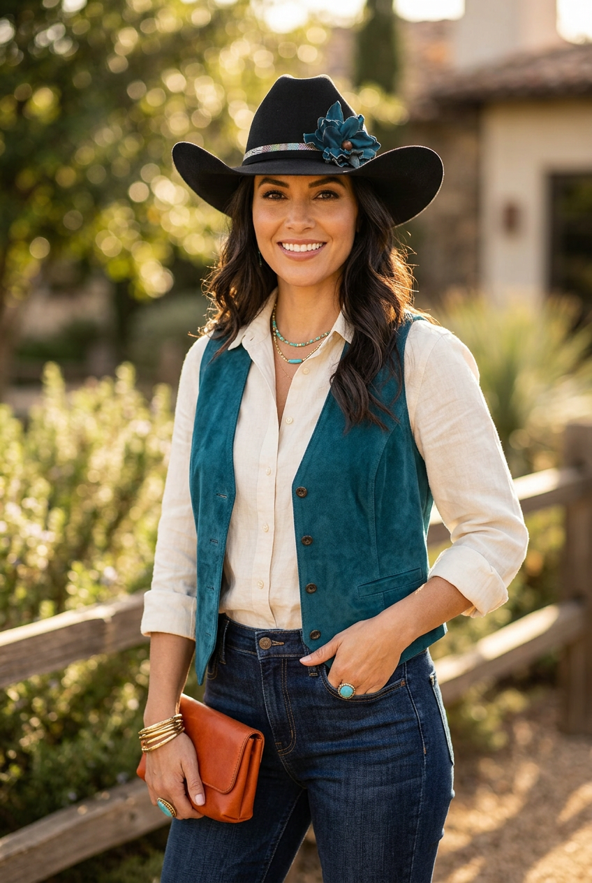 Woman wearing a black cowgirl hat with a blue leather flower and patterned hat band. She is outdoors and wearing turquoise jewelry.