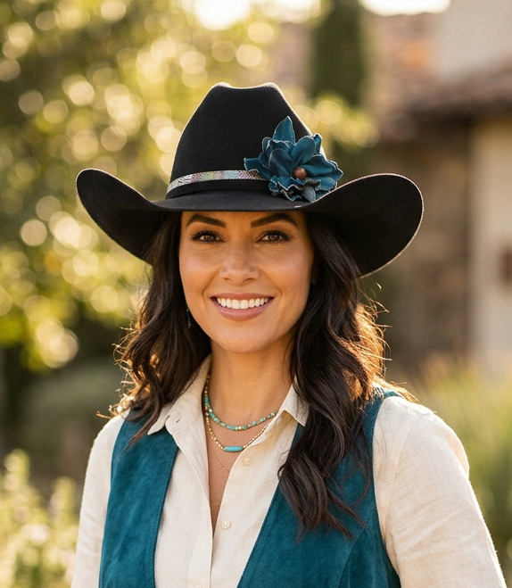 Woman_wearing_a_black_cowgirl_hat_with_a_blue_leather_flower_and_patterned_hat_band._She_is_outdoors_v2