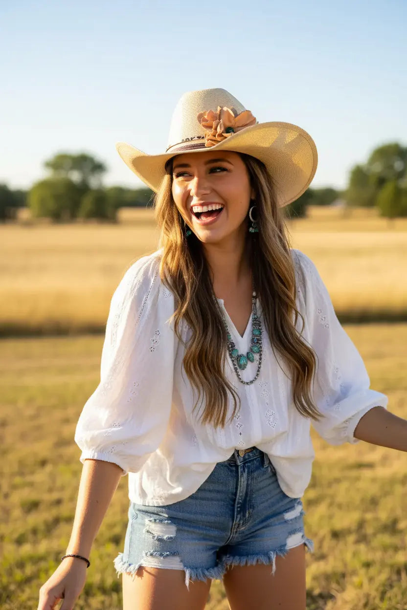Woman wearing a cowboy hat with leather flower leopard hat band and white blouse in a field - she's having fun