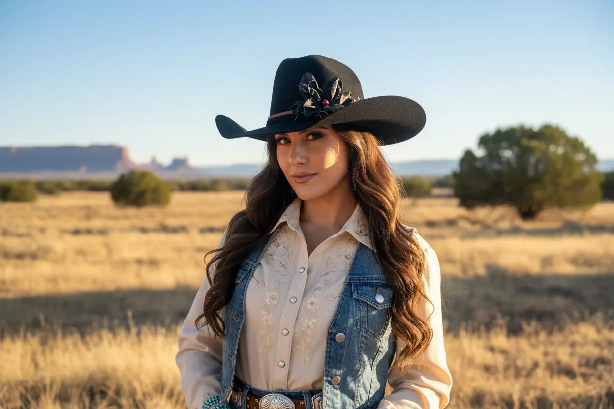 Woman wearing a cowgirl hat w/ a black leather flower & red jasper stone hat band. She is also wearing a denim jacket and she's in a desert landscape.