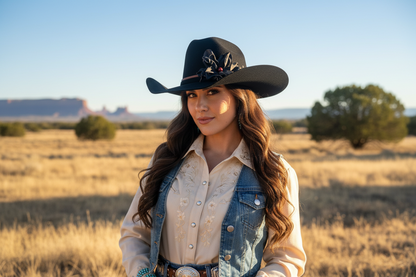 Woman wearing a cowgirl hat w/ a black leather flower & red jasper stone hat band. She is also wearing a denim jacket and she's in a desert landscape.