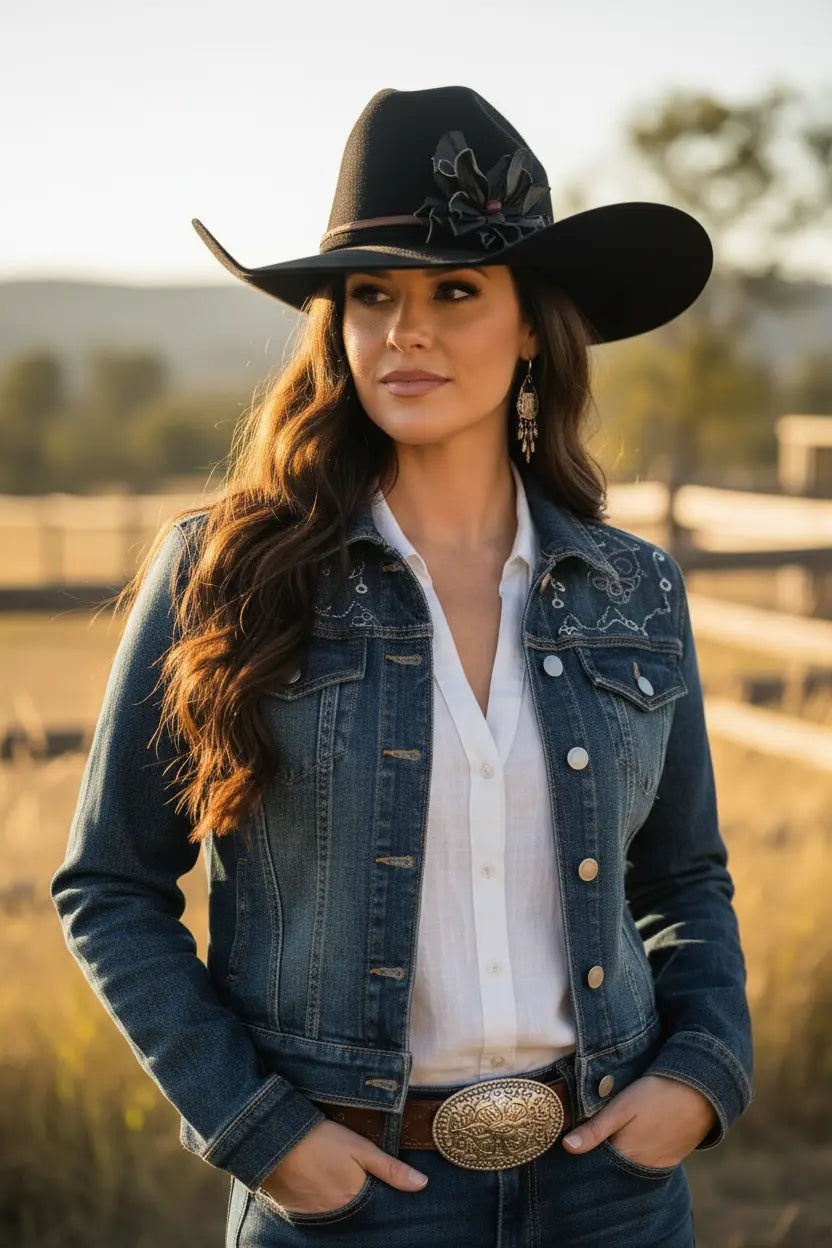 Woman wearing a cowgirl hat w/ a black leather flower & red jasper stone hat band. She is also wearing a denim jacket in a field.