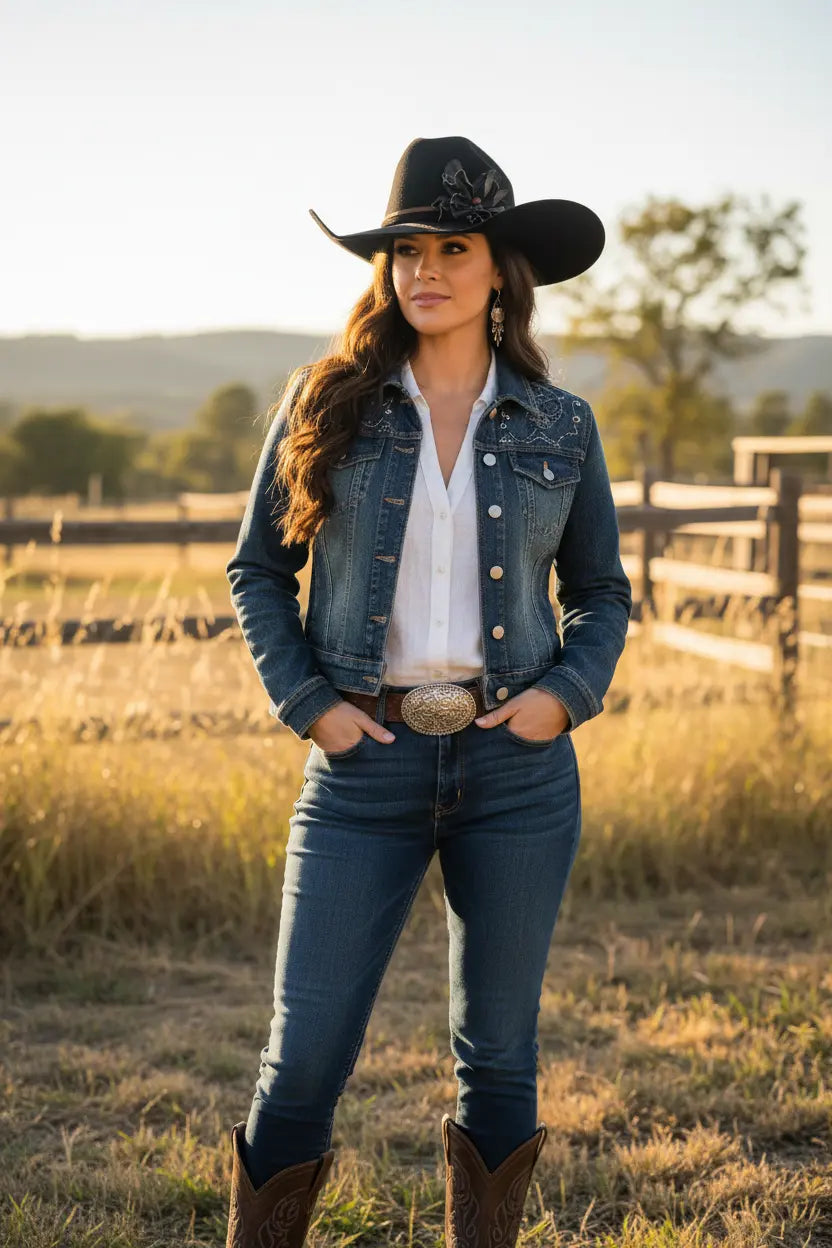 Woman wearing a cowgirl hat w/ a black leather flower & red jasper stone hat band. She is also wearing a denim jacket outdoors.