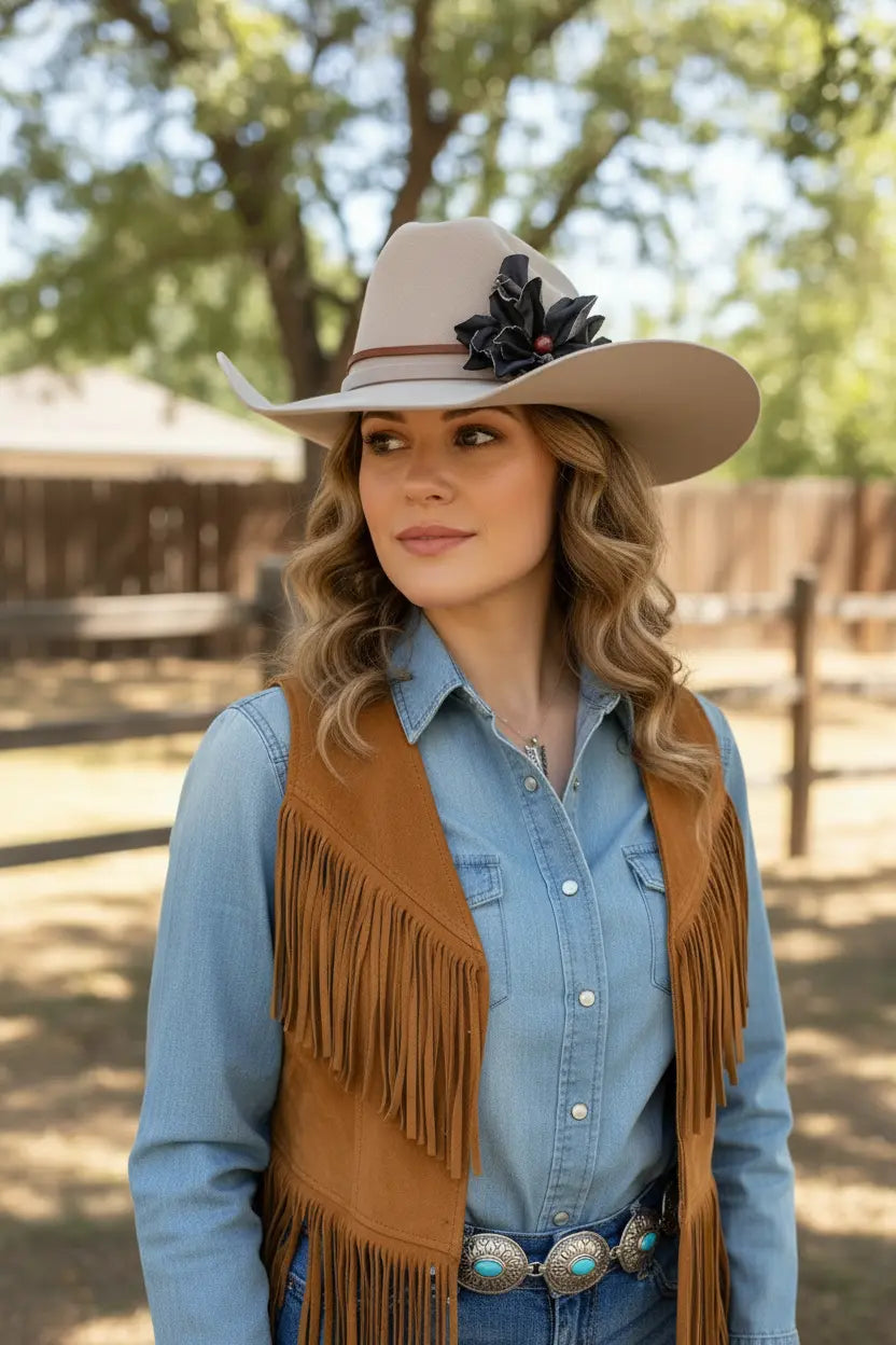 Woman wearing a cowgirl hat w/ a black leather flower & red jasper stone hat band. She is also wearing a fringed vest outdoors.