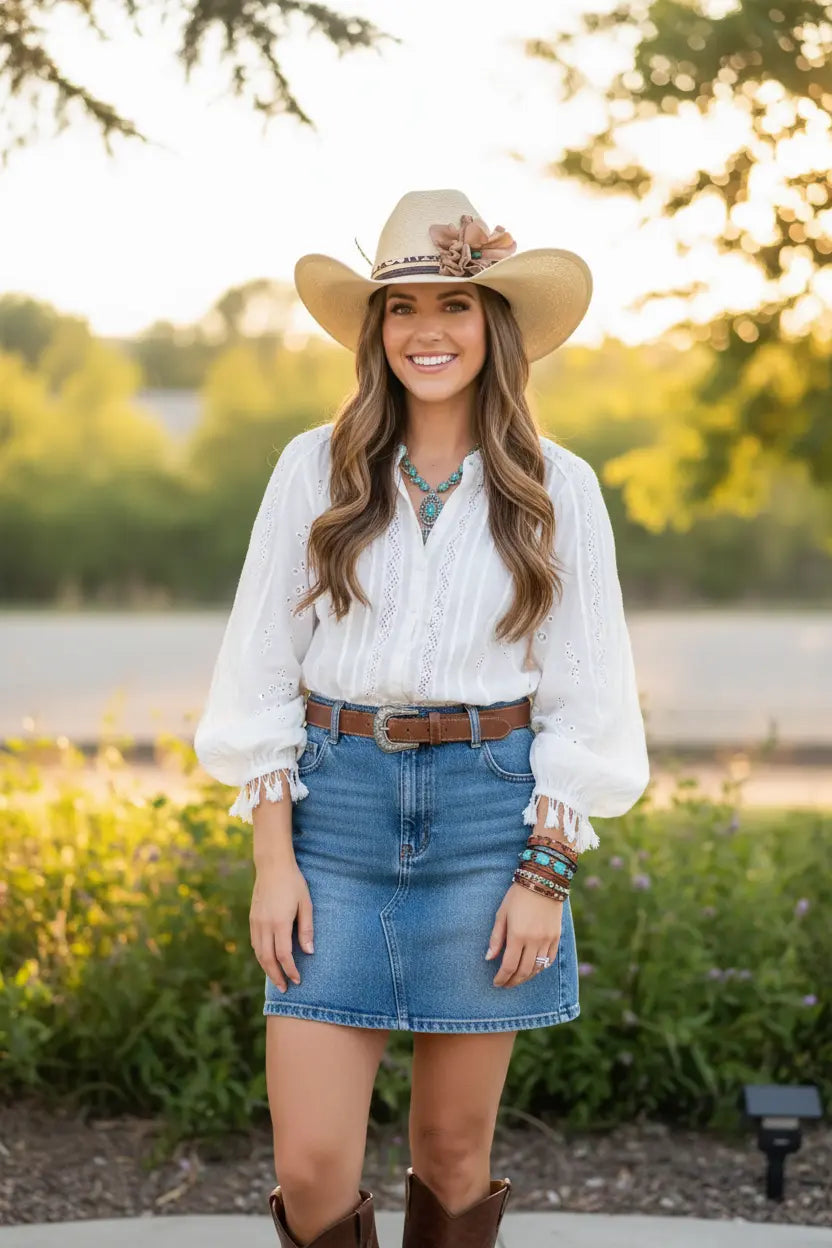 Woman wearing a white blouse, denim skirt, cowgirl hat with a leather flower hat band, and brown boots outdoors. 