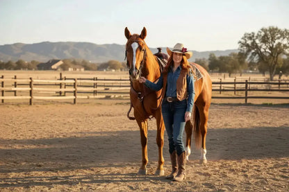 Woman wearing a women's cowgirl hat with a beautiful red leather flower and blue lapis stone hat band on it. She is standing next to her horse.