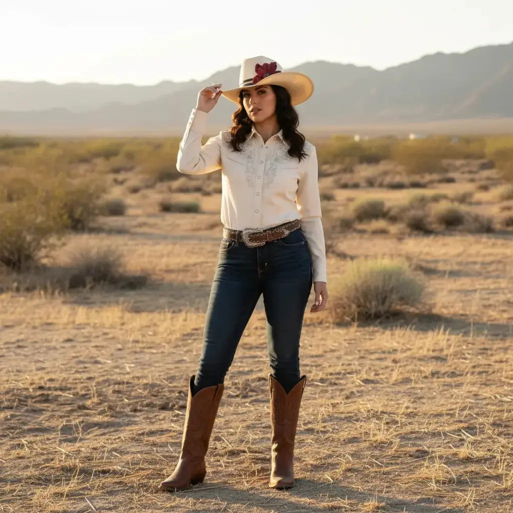 Woman wearing a women's cowgirl hat with a beautiful red leather flower and blue lapis stone hat band on it