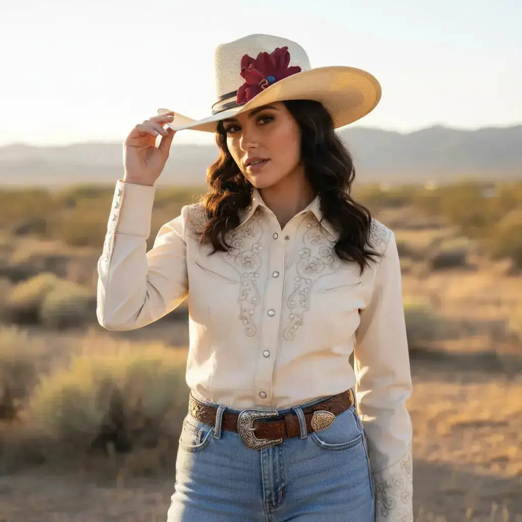 Woman wearing cowgirl hat with a beautiful red leather flower and blue lapis stone hat band on it