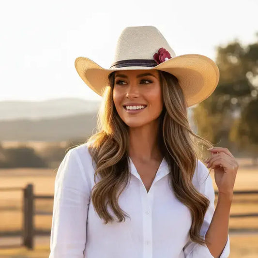 Woman wearing cowgirl hat with a beautiful red leather flower and freshwater pearl hat band on it