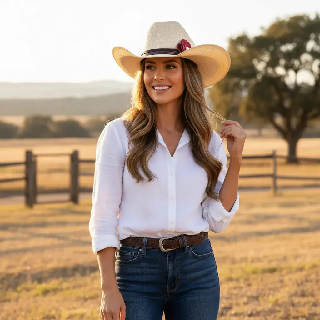 Woman wearing women's cowgirl hat with a beautiful red leather flower and freshwater pearl hat band on it