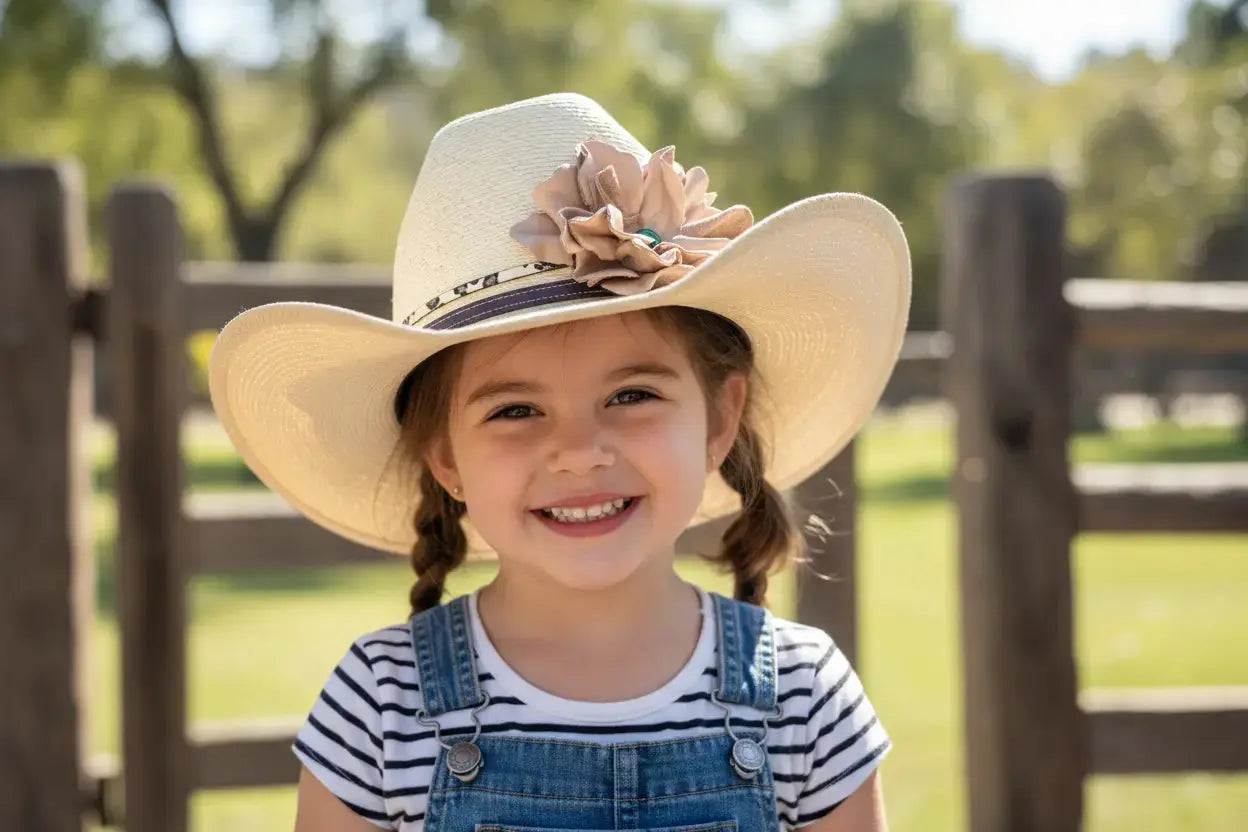 Young girl wearing a cowgirl hat with a leather flower and leopard leather lace hat band on it.
