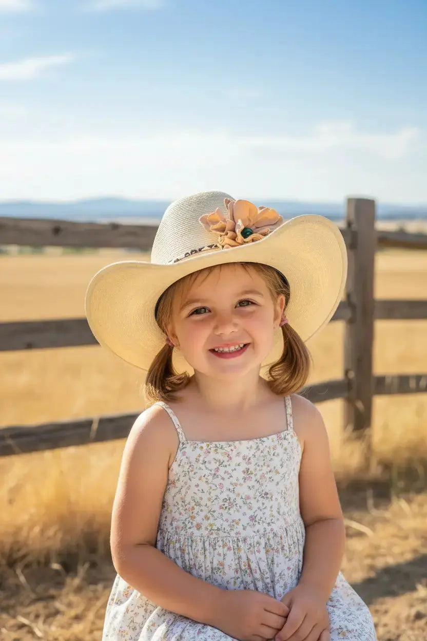 Young girl wearing a cowgirl hat with a leather flower and leopard leather lace hat band on it.