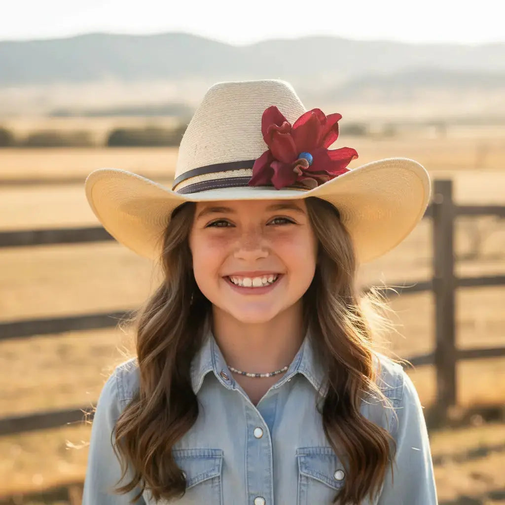 Young girl wearing a cowgirl hat with a red leather flower and blue lapis stone hat band on it.