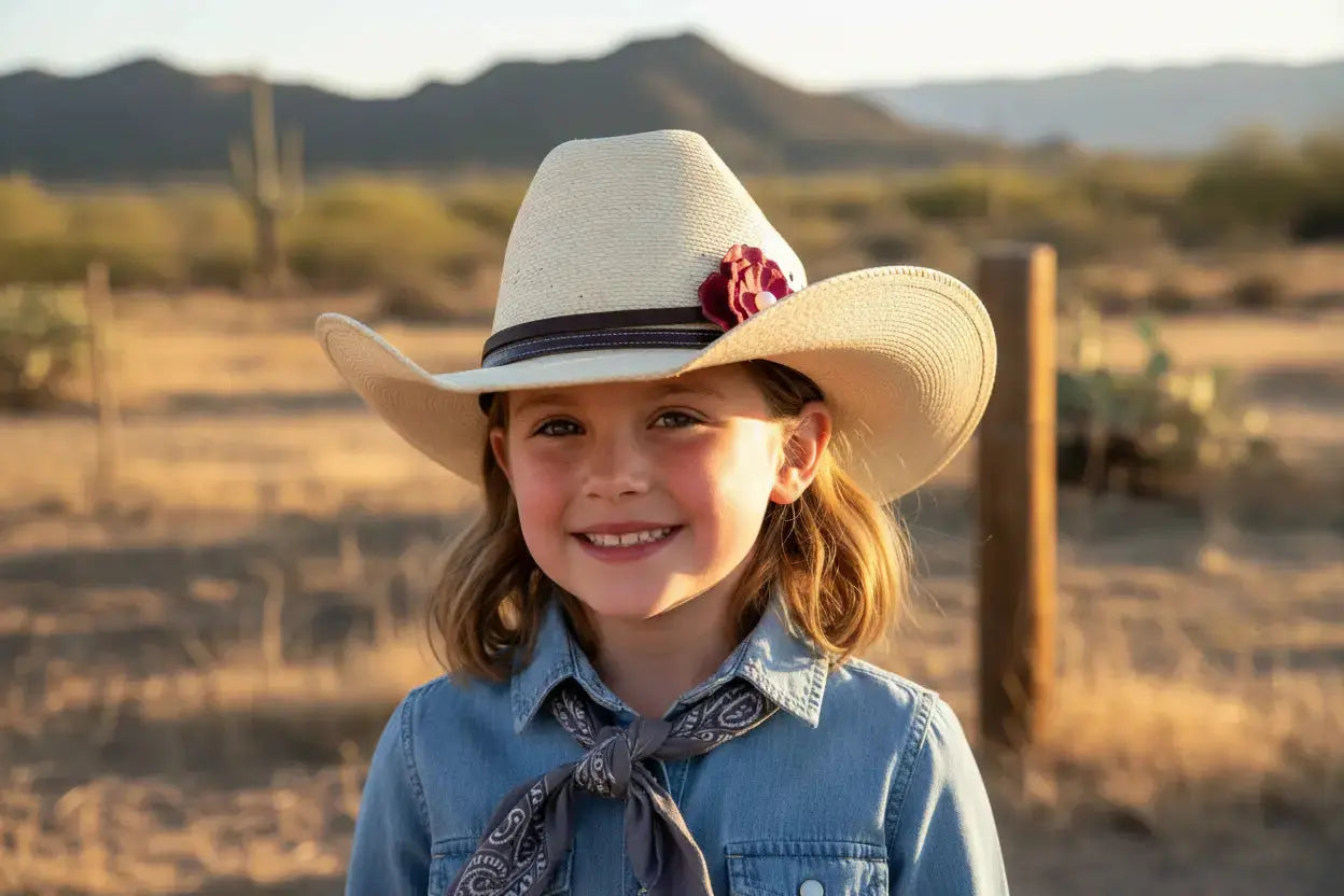 Young girl wearing cowgirl hat with a red leather flower and natural freshwater pearl  hat band on it.