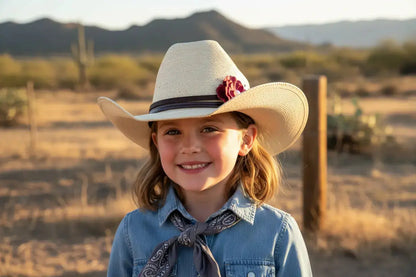 Young girl wearing cowgirl hat with a red leather flower and natural freshwater pearl  hat band on it.